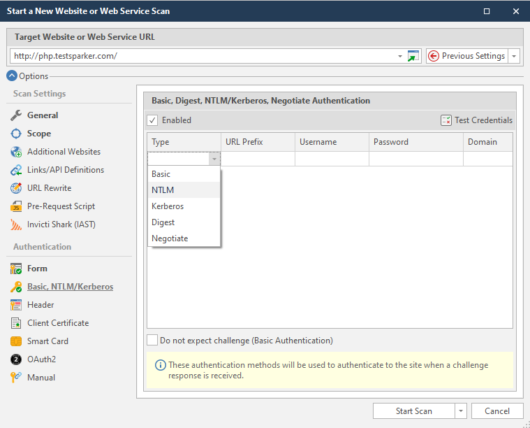 Invicti Standard Basic, Kerberos Authentication Configuration Screen